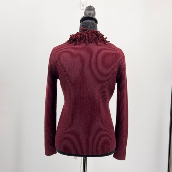 Angel Sabri Ozel Cardigan Sweater Womens S Burgundy‎ Fringe Collar Ribbed Button - Picture 7 of 7